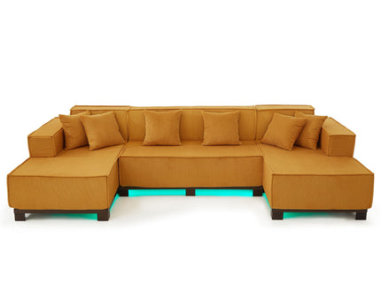 U-Shaped Sectional Sofa With RGB LED Light Strip And 6 Pillows