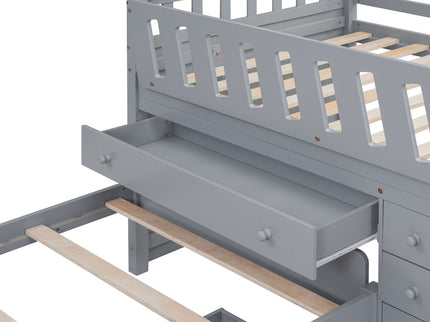Loft Platform Bed With 7 Drawers And Full Guardrails, Modern L Shaped Space Savin