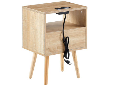 15.75" Rattan End Table With Power Outlet & USB Ports, Modern Nightstand With Drawer And Solid Wood Legs, Side Table For Living Room, Bedroom