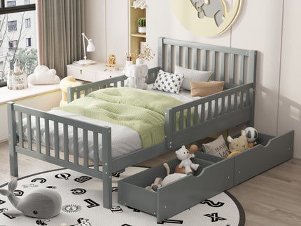 Platform Bed With Guardrails On Both Sides And 2 Storage Drawers