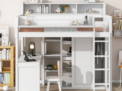 Loft Bed With Built In Desk, Storage Shelves, And Wardrobe