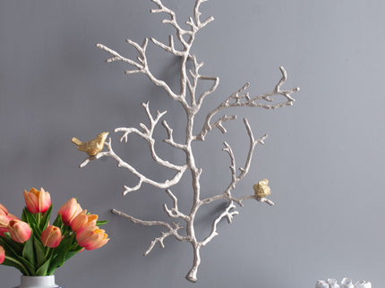 Metal Branch Wall Sculptures With Bird Accents (Set of 2) - Silver Multi
