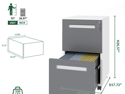 2-Drawer Mobile File Cabinet With Lock,On 360° Wheels, Holds A4/Letter/Legal Files - White