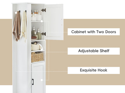Tall Freestanding Bathroom Storage Cabinet With Adjustable Shelves And Side Hooks Board, Rectangle Design