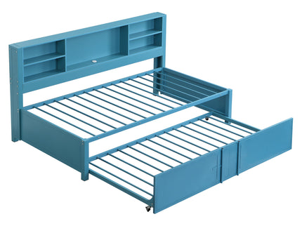 Industrial Metal Daybed With Trundle, Storage Shelves, USB Ports