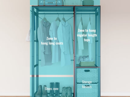Garment Rack With Shelves, 2 Wicker Drawers, 4 Hooks, Organizer
