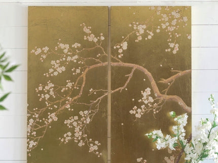 Cherry Blossom Wall Art Panels, Wall Decor For Living Room Dining Room Office Bedroom (Set of 2) - Gold