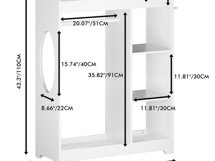 Dress Up Storage With Mirror And Hooks, Clothes Rack With Hanging Rod, 3 Side Hooks, Open Shelves, Top Shelf Organizer - White