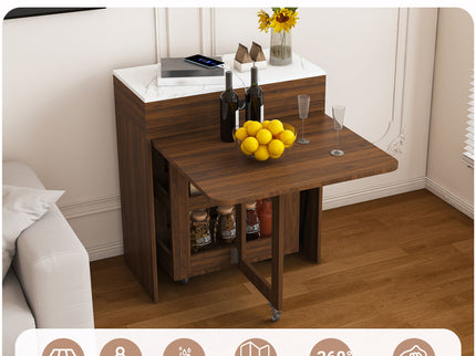 Extendable Dining Table With Power Socket, Lockable Casters, Storage Cabinet