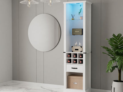 Pantry Cabinet With LED Lights, Wine Rack, Tempered Glass Shelves, And Barn Door Design - White