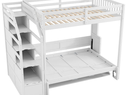 Full Long Loft Bed With Storage Staircase, Murphy Bed, LED Light - White