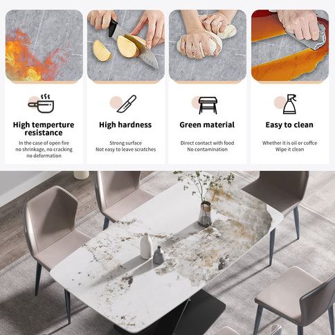 Modern Artificial Stone Pandora White Curved Metal Leg Dining Table, Can Accommodate 6-8 People - Antique White