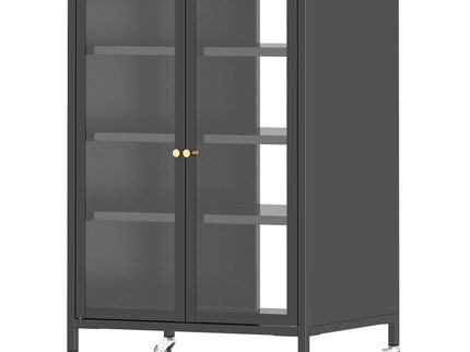 Media Storage Cabinet With Wheels, 4 Adjustable Glass Shelves & Door, Heavy-Duty - Black