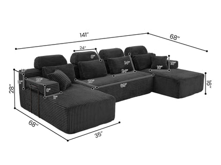 Sectional Sleeper Sofa & Storage Pockets, Modular Couch With Throw Pillows For Living Room