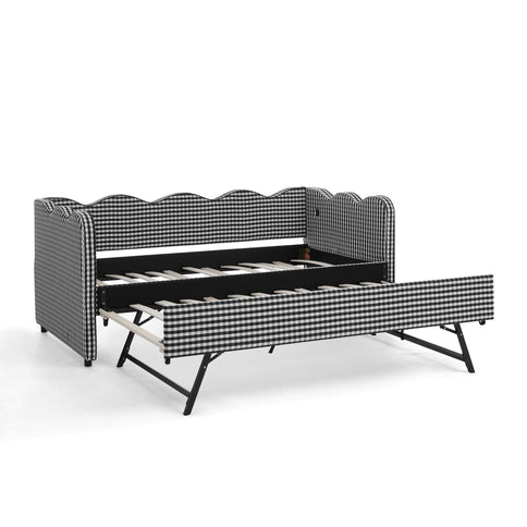 Gingham Daybed With USB Charging Port, Wave Shaped Design