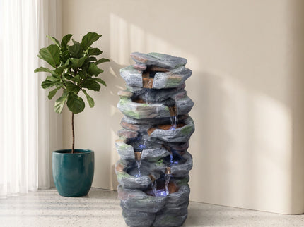 Rock Waterfall Outdoor Fountain With LED Lights - Gray