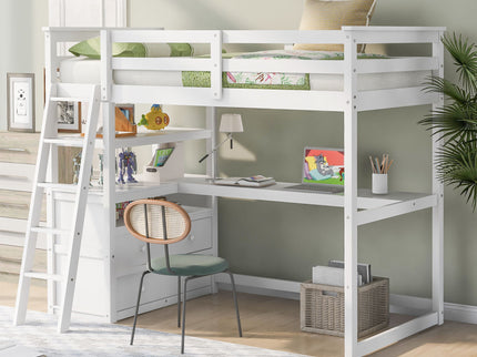 Modern Loft Bed With Built In Desk, Shelves, And 2 Drawers