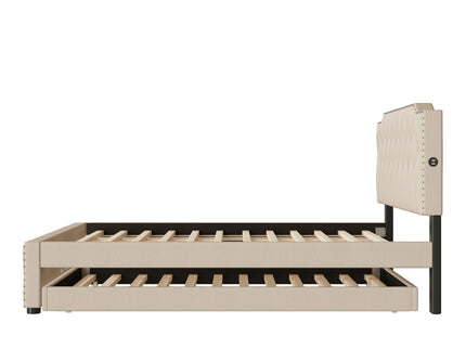Upholstered Platform Bed With Trundle And 2 Sets Of USB Ports On Each Side, Fabric