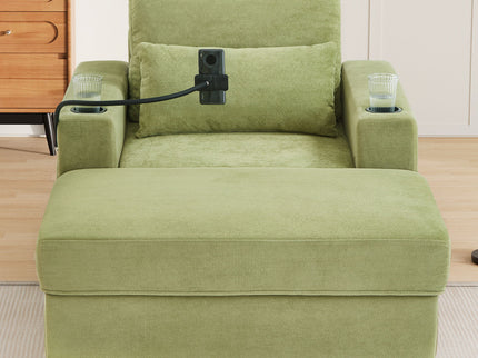 Modern Style Armchair Chaise Lounge Sofa Couch With Movable Storage Ottoman, USB Ports, Cup Holders, Phone Holder, Side Pockets