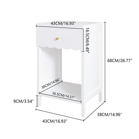 Nightstand With Drawer And Open Shelf, Scalloped Edge Bedside Table