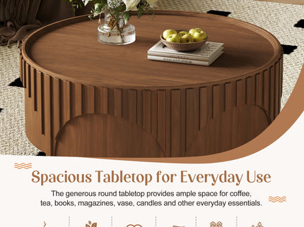 Round Fluted Drum Coffee Table With Sturdy Base For Living Room