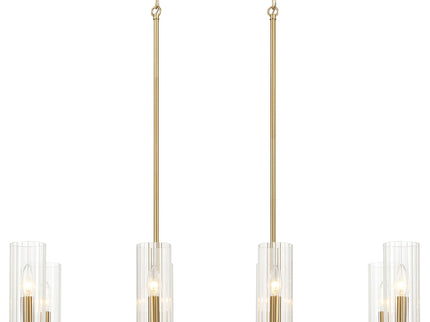 Willow - 8 Lights Island With Clear Ribbed Pendant Lamp Satin - Antique Brass / Clear / Gold