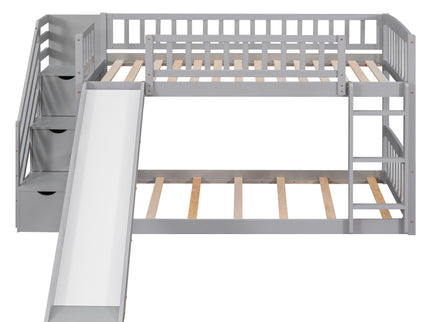 Twin Over Twin Bunk Stairway Bed With 2 Drawers And Slide - Gray
