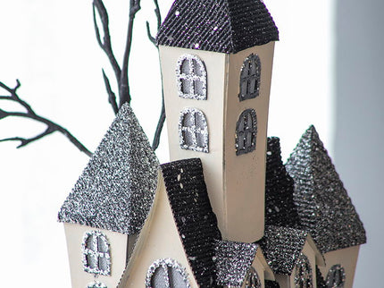 Cardboard Lighted Haunted House, Tabletop Holiday Halloween Decor, Battery Powered - Beige / Black