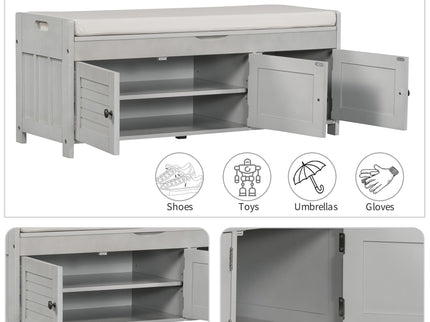 Storage Bench With 3 Shutter-Shaped Doors, Shoe Bench With Removable Cushion And Hidden Storage Space