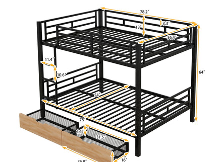 Full Size Convertible Bunk Bed With 2 Drawers Durable - Black