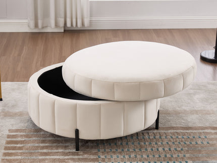Upholstered Round Ottoman With Reversible Lid, Channel Tufted Pumpkin Shape