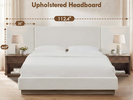 Muse - Queen Upholstered Platform Bed Frame - Ivory / Light Gray / Camel Oak