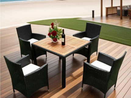 Outdoor Patio Wicker Dining Set With Acacia Wood Top