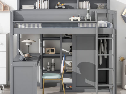 Loft Bed With Built In Desk, Storage Shelves, And Wardrobe