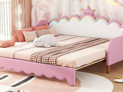 Extending Daybed With LED Lights, Modern Upholstered Princess Daybed With Crown Headboard