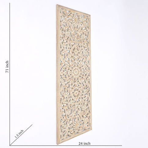 Floral Hand Carved Mandala Rectangle Wall Decor With Mirror - Antique Brown / White