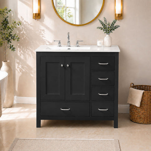 Bathroom Vanity With Sink Combo, 2 Soft Close Doors And 5 Drawers