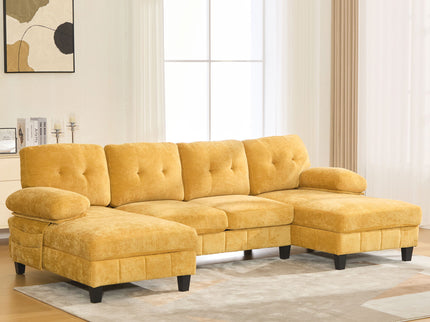 U-Shaped Sectional Sofa 103.5" Fabric Couch With Dual Chaise Lounges, Storage Pockets, Armrest Pillows