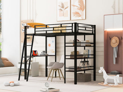 Loft Metal Bed With 3 Layers Of Shelves And Desk, Stylish Metal Frame Bed With board