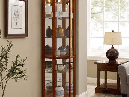 6 Shelf Lighted Corner Curio Cabinet With Adjustable Tempered Glass Shelves And Mirror Back (E26 Light Bulb Not Included)