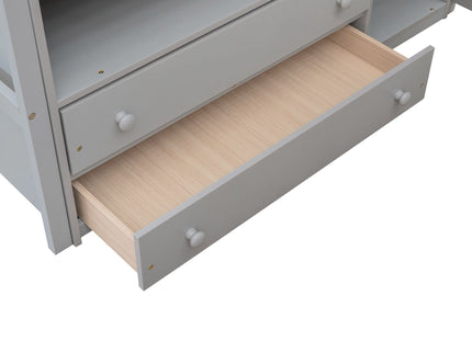 Modern Loft Bed With Built In Desk, Shelves, And 2 Drawers