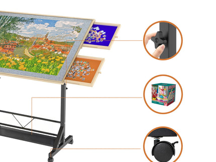 360 Degree Tilting Wooden Puzzle Table With 1500 Pieces, Rolling Design With Adjustable Height, Drawer, And Protective Cover - Black / Natural Wood