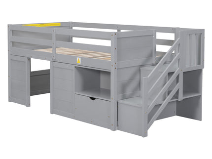 Low Loft Bed With Stair, Drawer, And Shelf