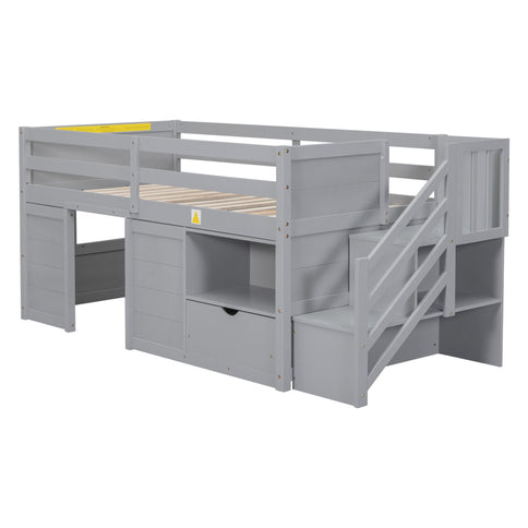 Low Loft Bed With Stair, Drawer, And Shelf