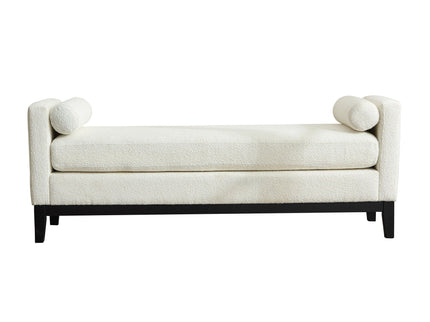 Elegant Upholstered Bench, Daybed, Ottoman With Wood Legs & Bolster Pillows - Ivory Boucle