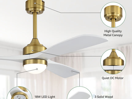 52" Ceiling Fan With Light And DC Motor, Flush Mount / Downrod, Ideal For Living Room - Gold / White