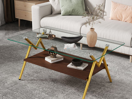 Rectangle Coffee Table With Tempered Glass Top And Shelf
