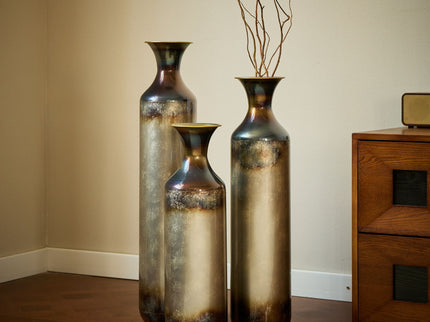Modern Droplet Shaped Floor Vase Set, Glazed Metal Decorative Vases 3 Piece Home Accent For Living Room - Gold / White