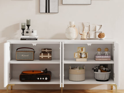 Modern Wood Sideboard Cabinet With Carved Door Panels, Adjustable Shelves, And Sturdy Metal Legs