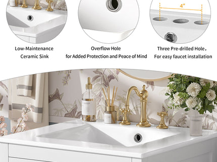 Bathroom Vanity With Integrated Undermount Ceramic Sink, 2 Doors And 1 Drawer, Soft Close Hinges